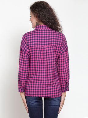 Women Pink Checked Shirt With Embroidered Cat