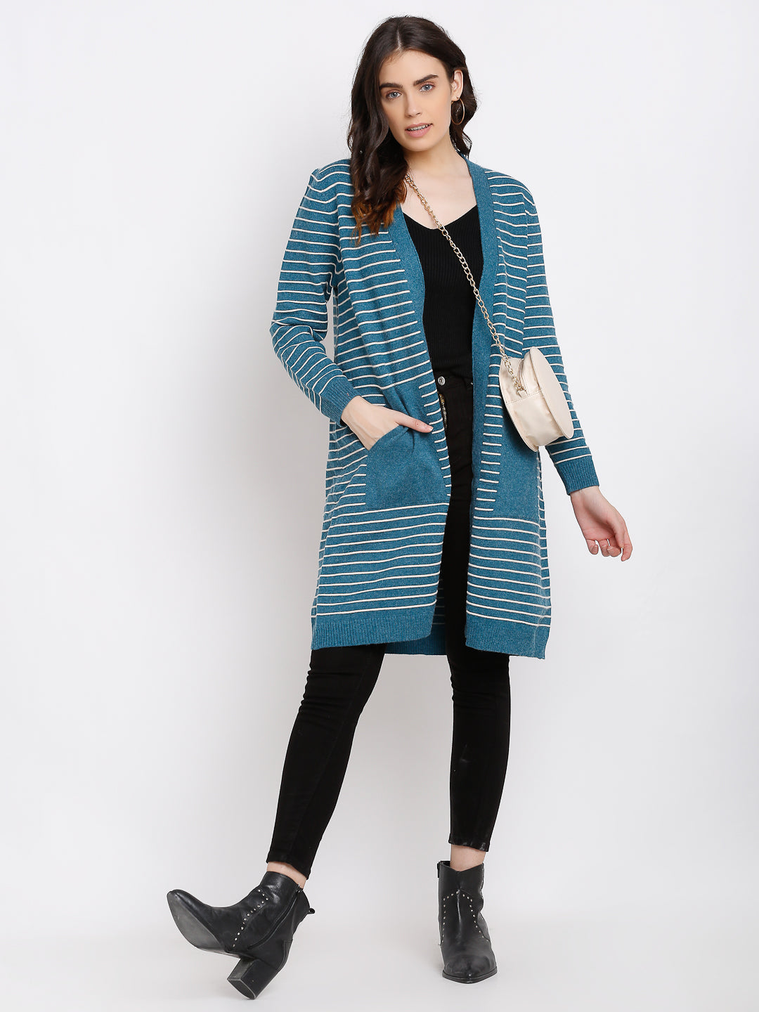 Women Turquoise Blue Knitted Striped Open Neck Long Shrug