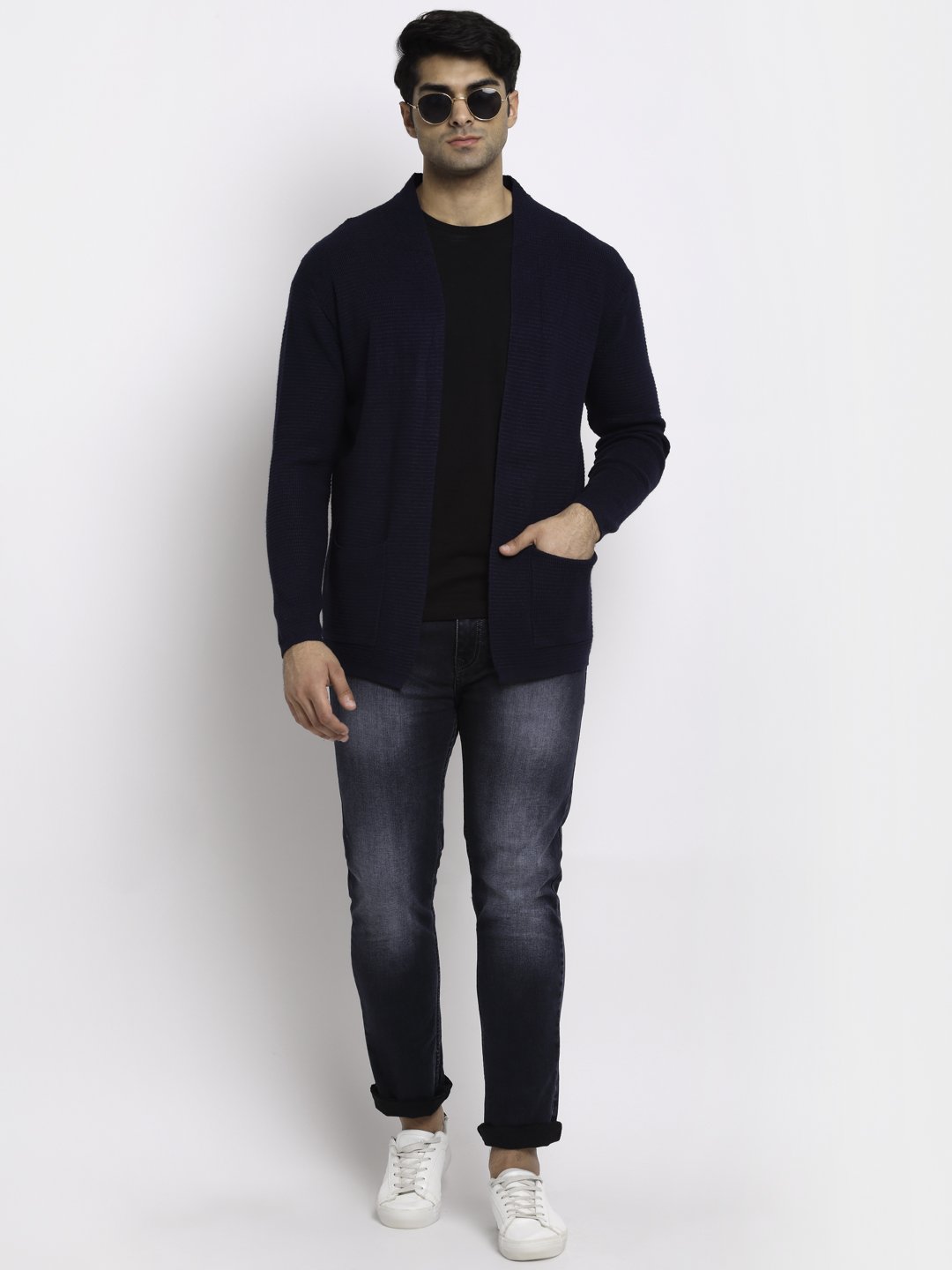 Men Navy Blue Front Open Solid Shrug