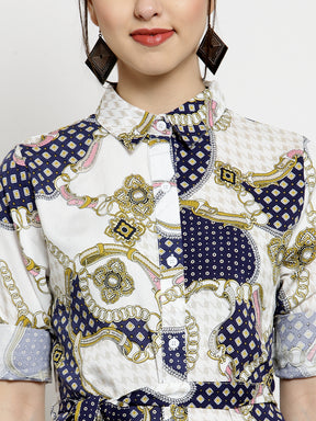 Women White Baroque Shirt Collarprinted Dress
