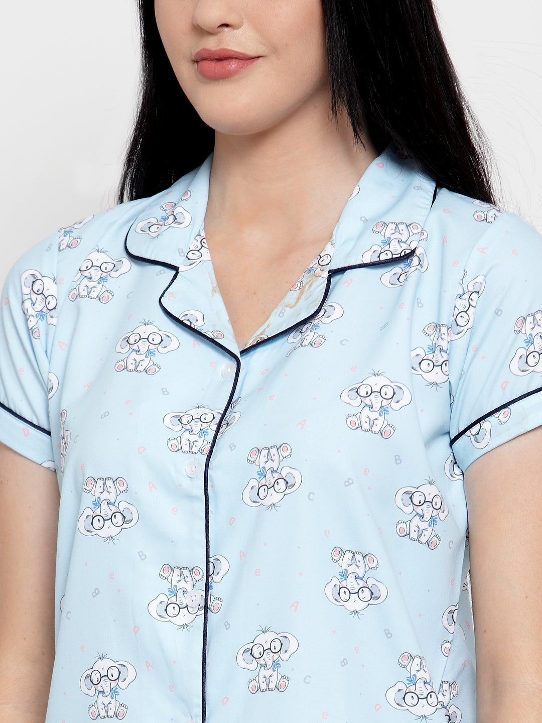 Women Lt Blue Cotton Printed Night Suit Set