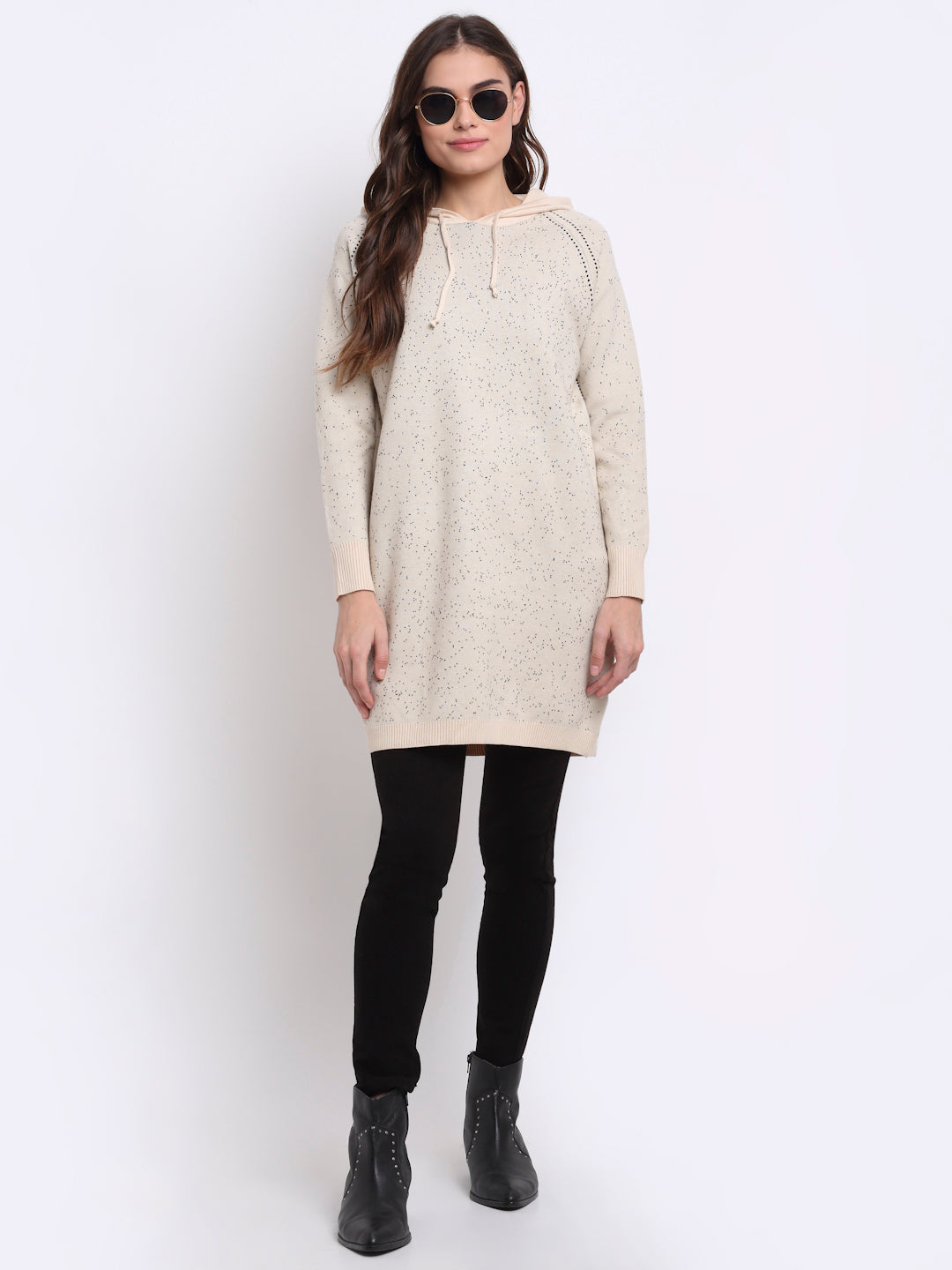 women beige hooded solid knit dress
