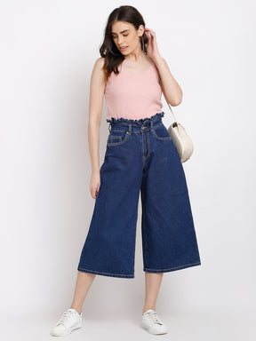 women blue denim solid calf length denim culottes