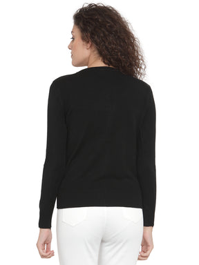 Women Solid Plain Black Cardigan