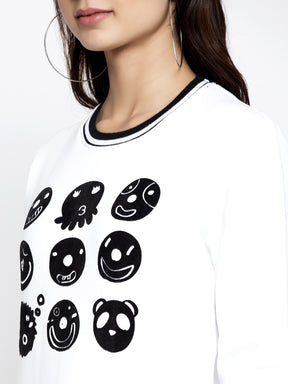 Women White Round Neck Printed Sweatshirt
