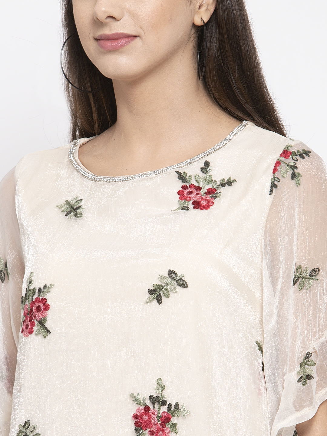 Women White Top With Embroidered Net Layer