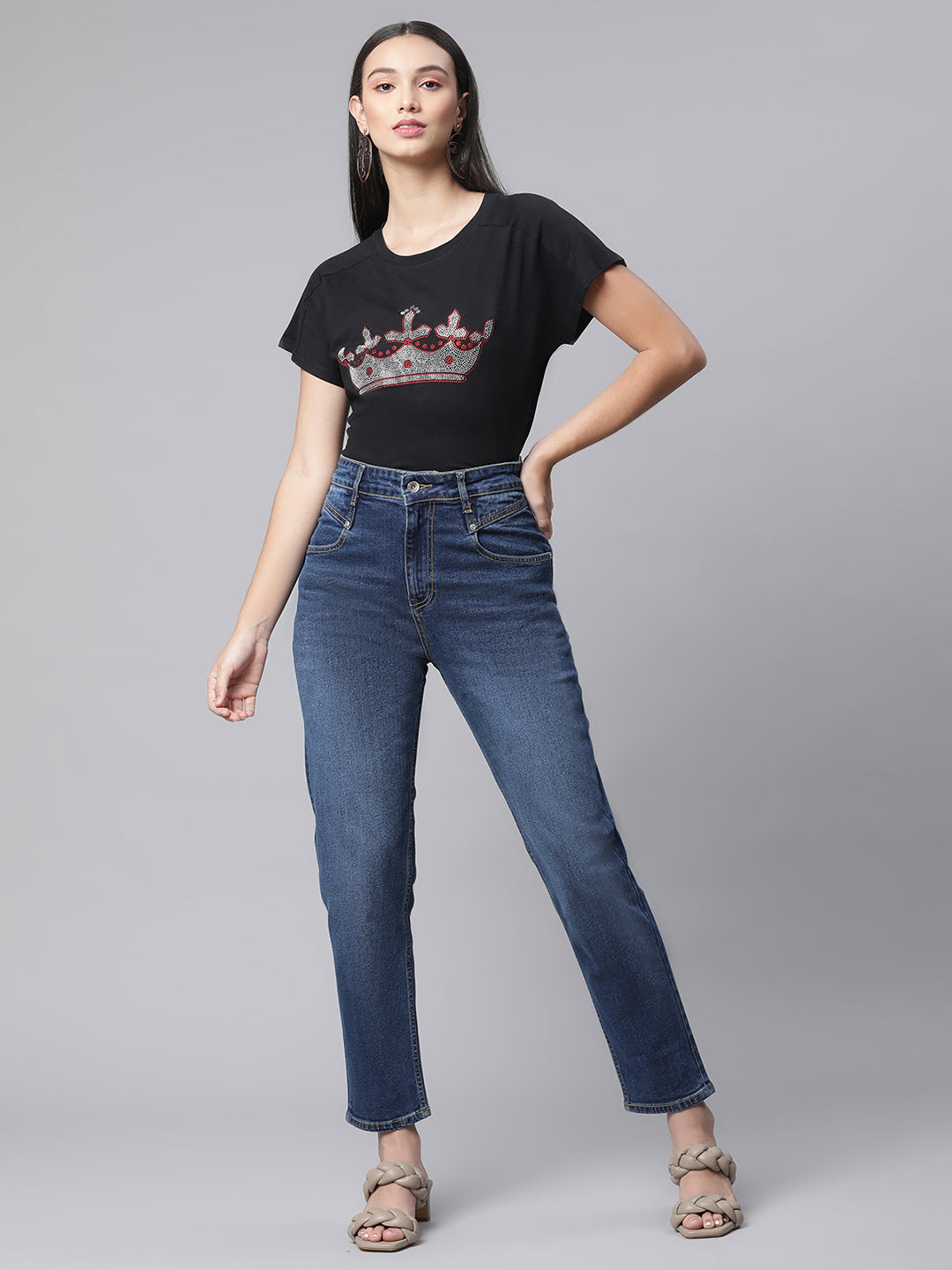 women dark blue jeans