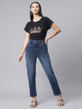 women dark blue jeans