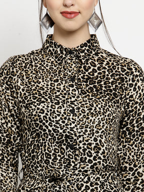 Women Cheetah Printed Shirt Collar Dress