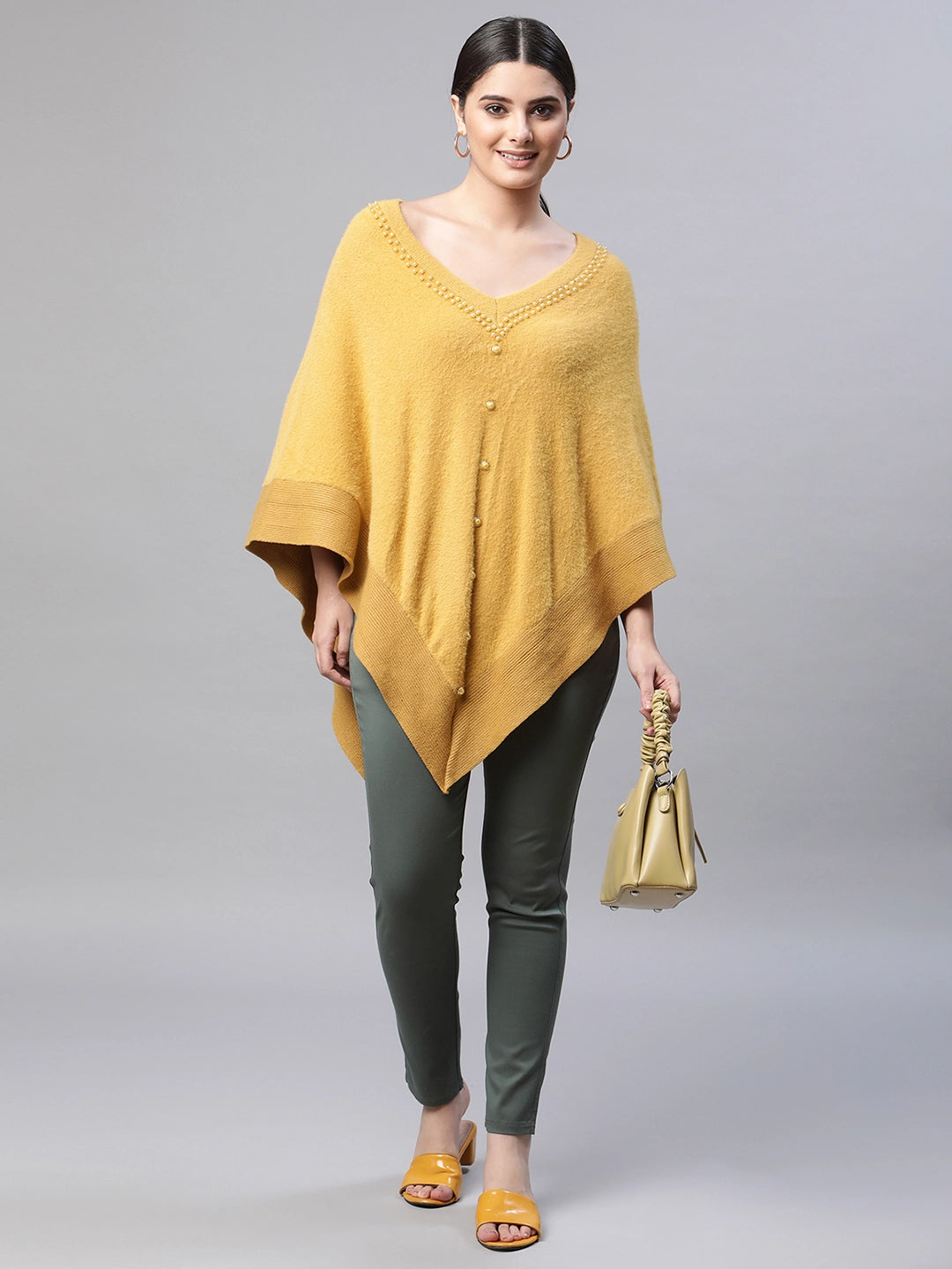 Women Broad V-Neck Mango Solid Loose Fit Knitted Ponchu