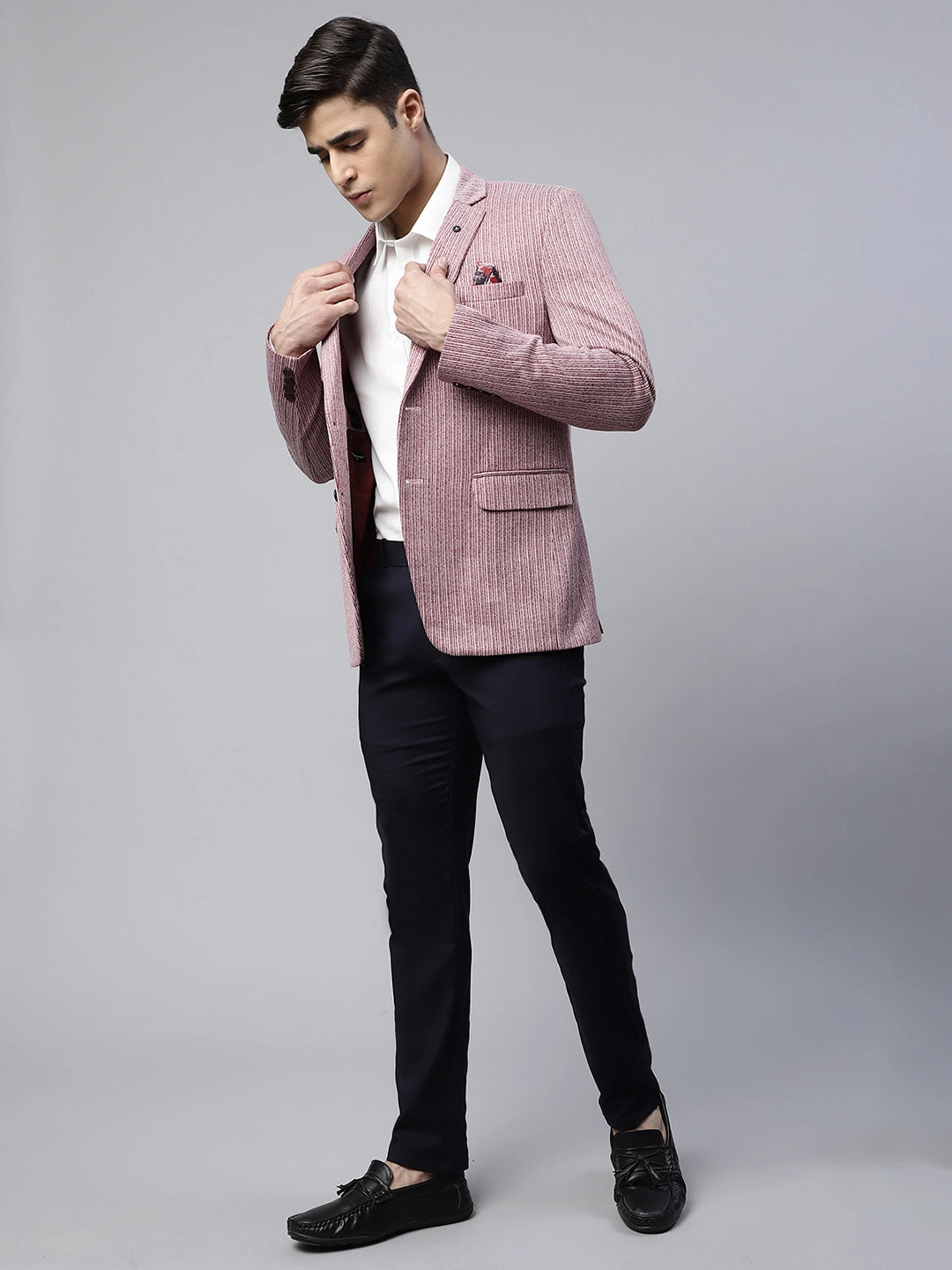 Mens Maroon Tailored Fit Textured Striped Pattern Coat