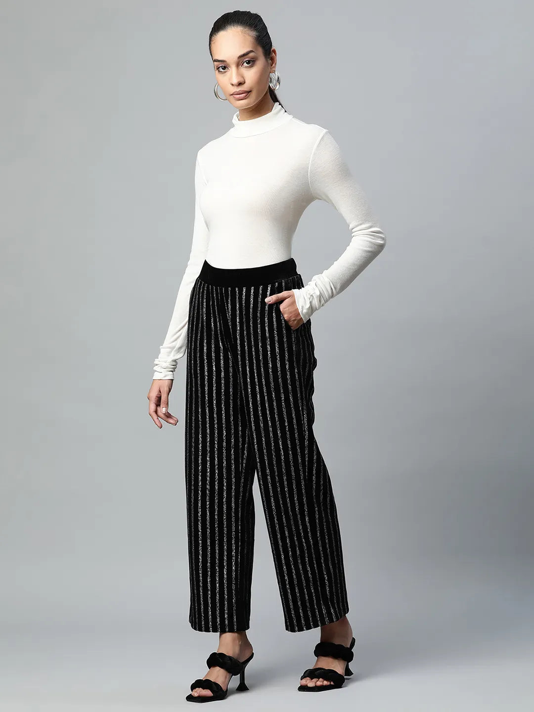 Black Striped Foil Printed Velvet Trousers