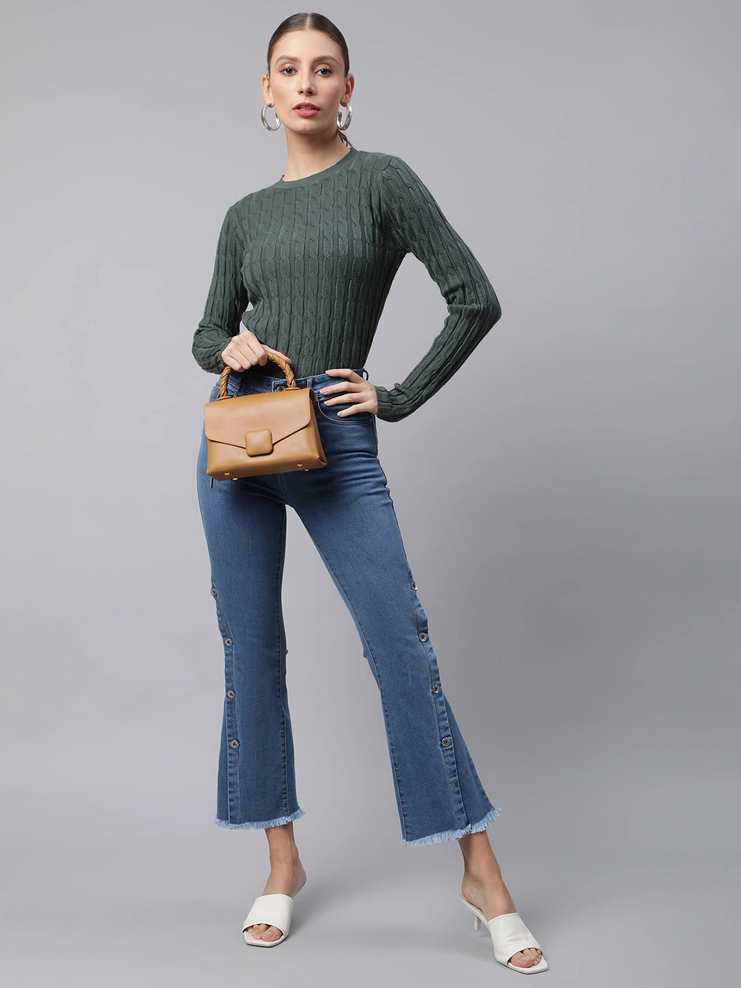 Women High Rise Blue Stylized Fit & Flare Jeans - Global Republic