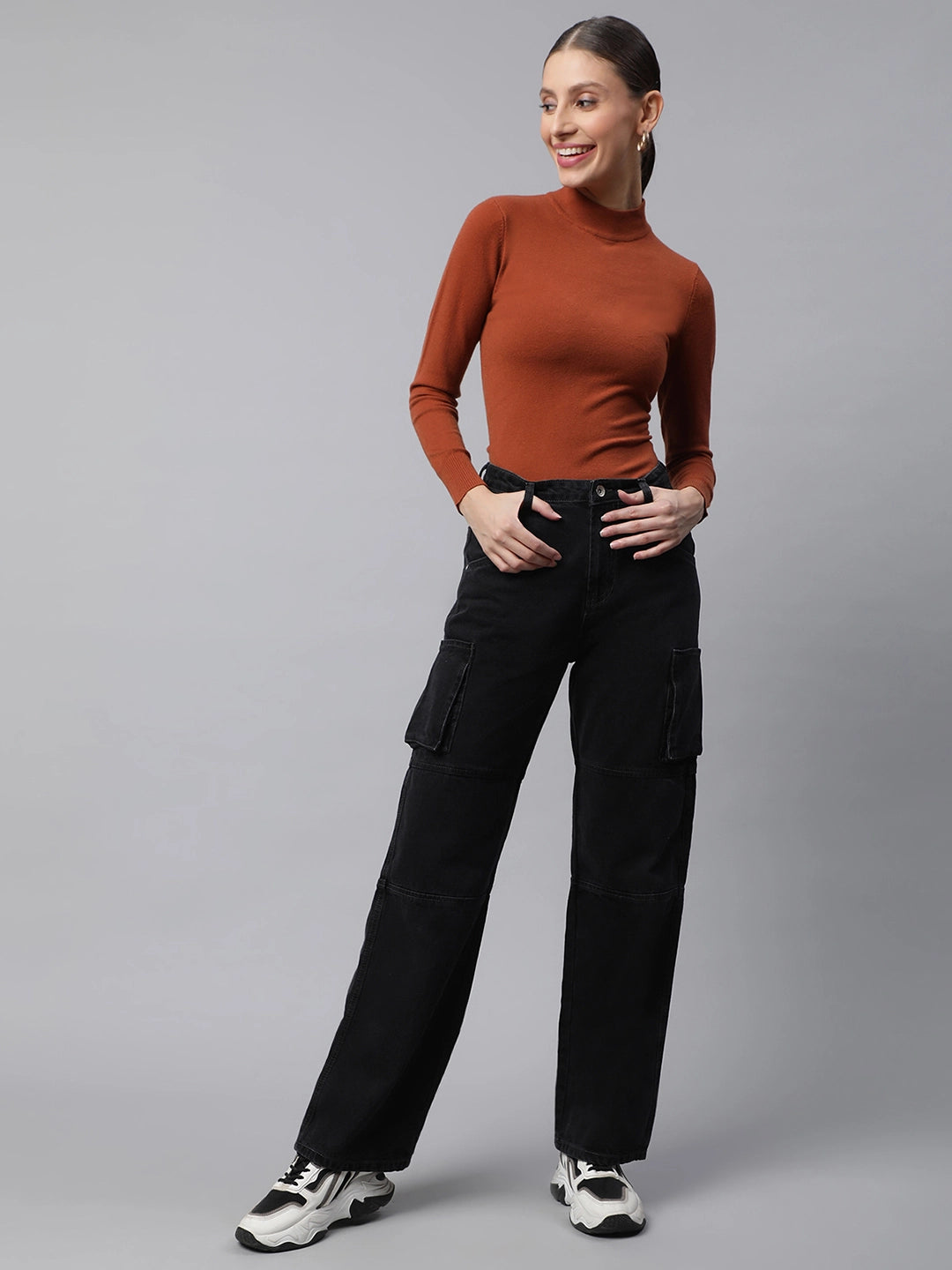 Women Iron Grey Cargo Style Straight Leg Mid Rise Jeans - Global Republic