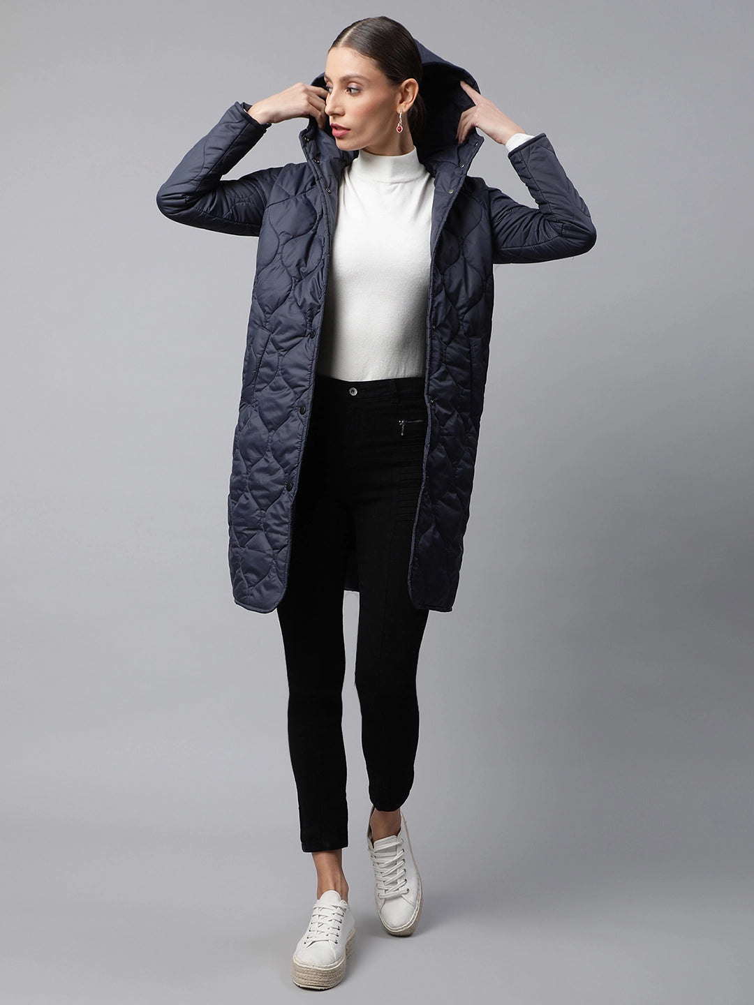 Women Navy Hooded Wavy Puffer Long Jacket