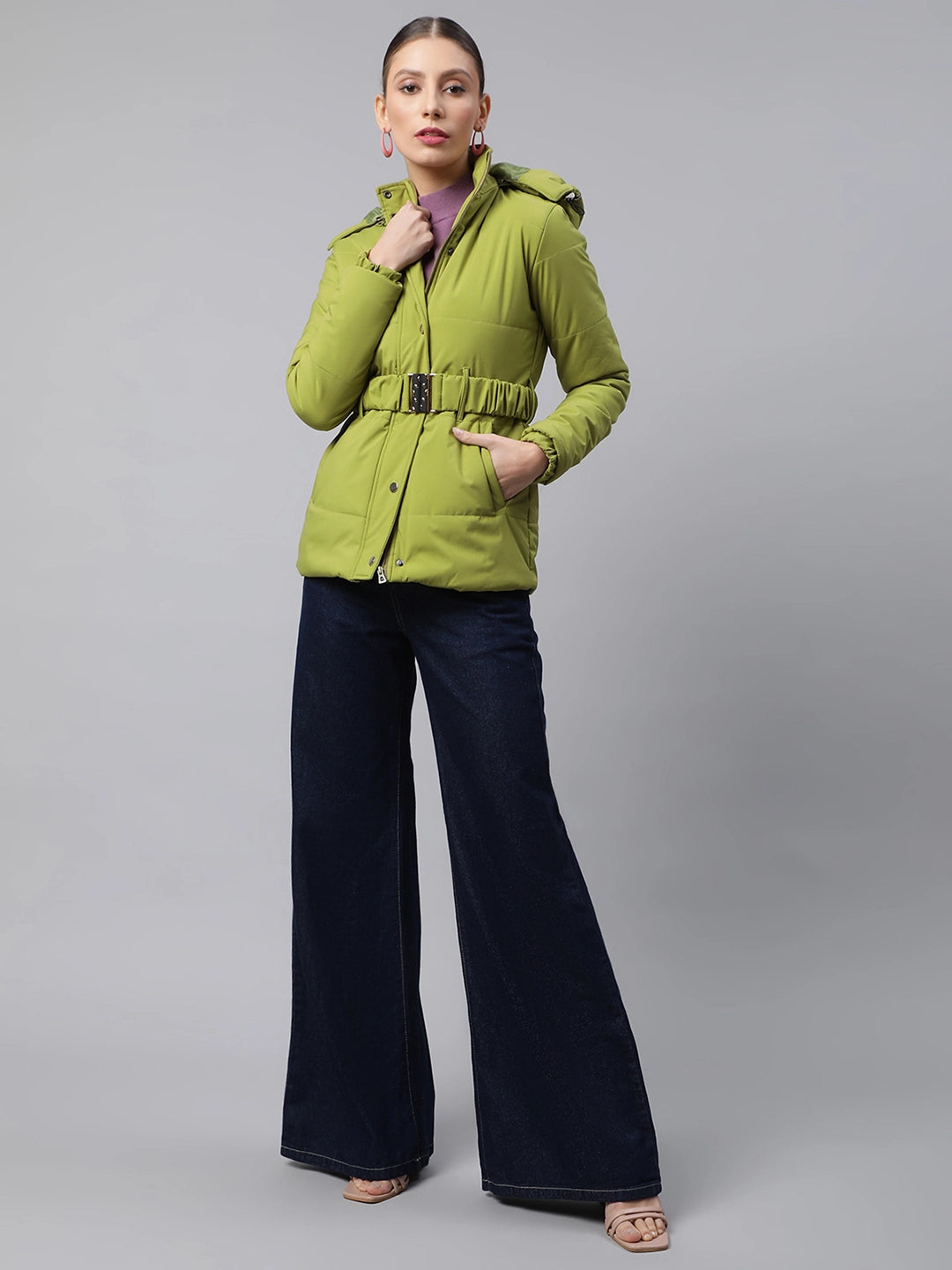 Women Green Detactchable Hood Puffer Jacket