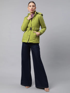 Women Green Detactchable Hood Puffer Jacket