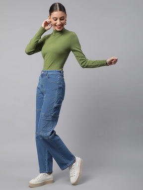 Women Light Blue Pocket Loop Belt Straight Leg Mid Rise Jeans