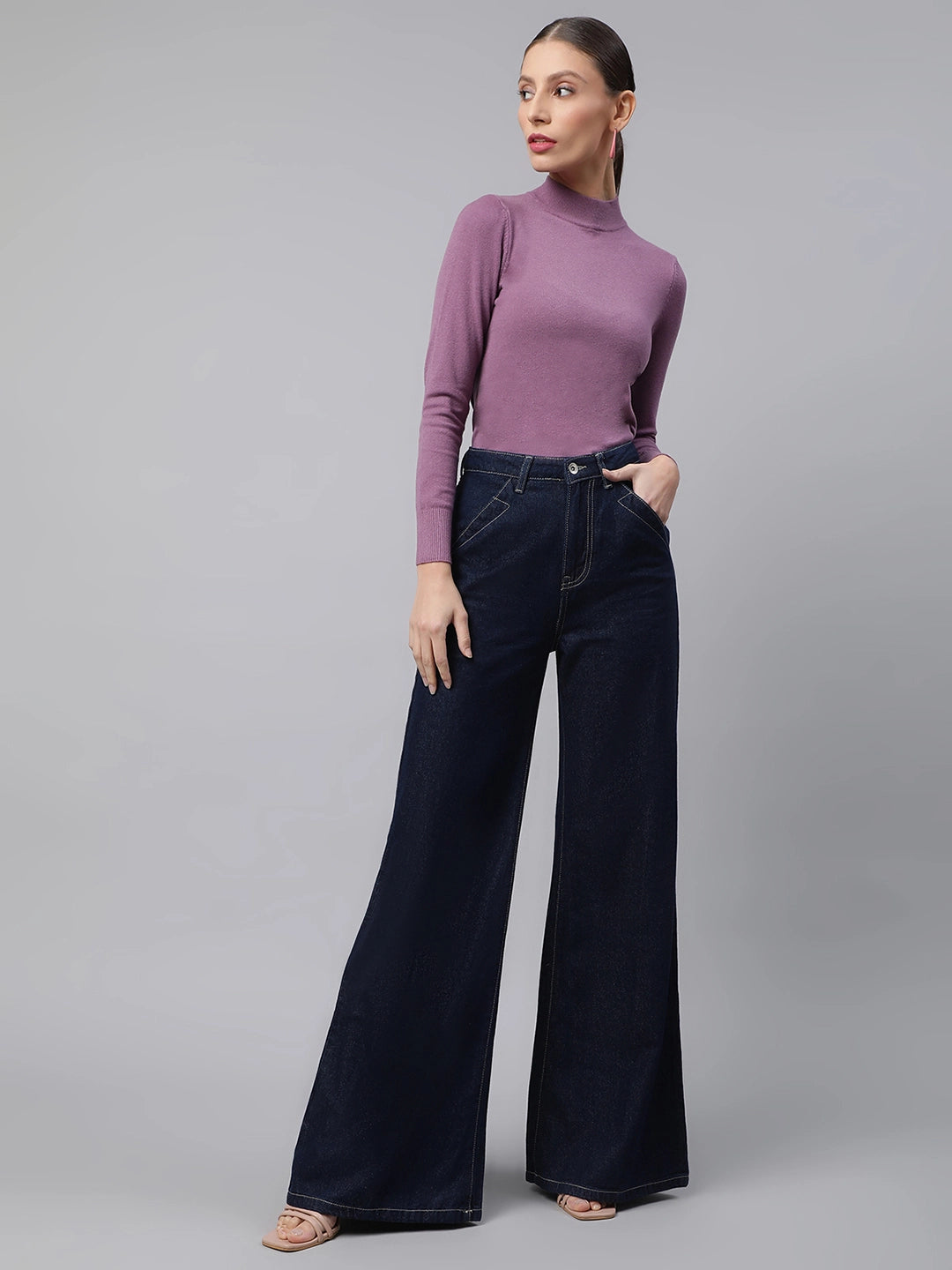 Women Dark Blue Contrast Stitch Wide Leg High Rise Jeans - Global Republic