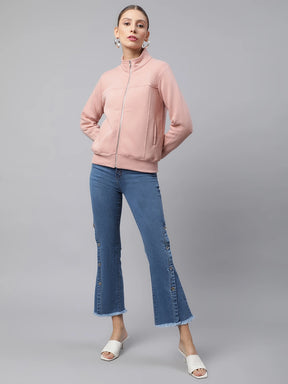 Women Dusty Pink High Neck Zip Open Front Relaxed Fit Fleece Sweatshirt