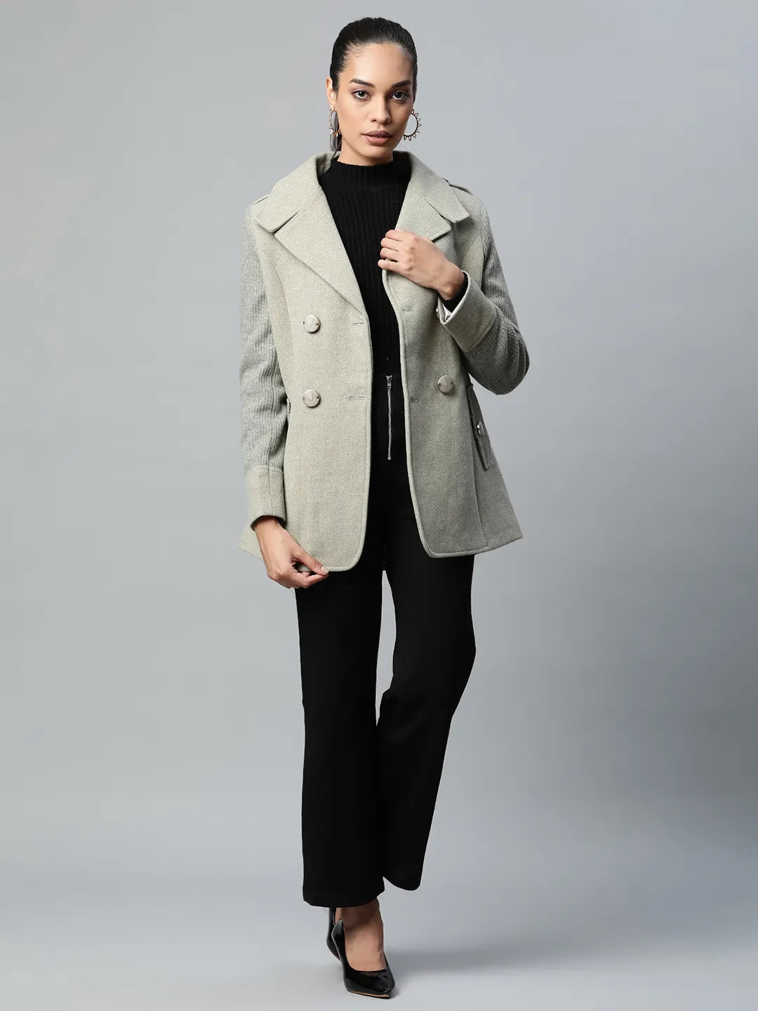  Buy Online Women Pista Continuous Collar Double-Breasted Coat Media 3 of 