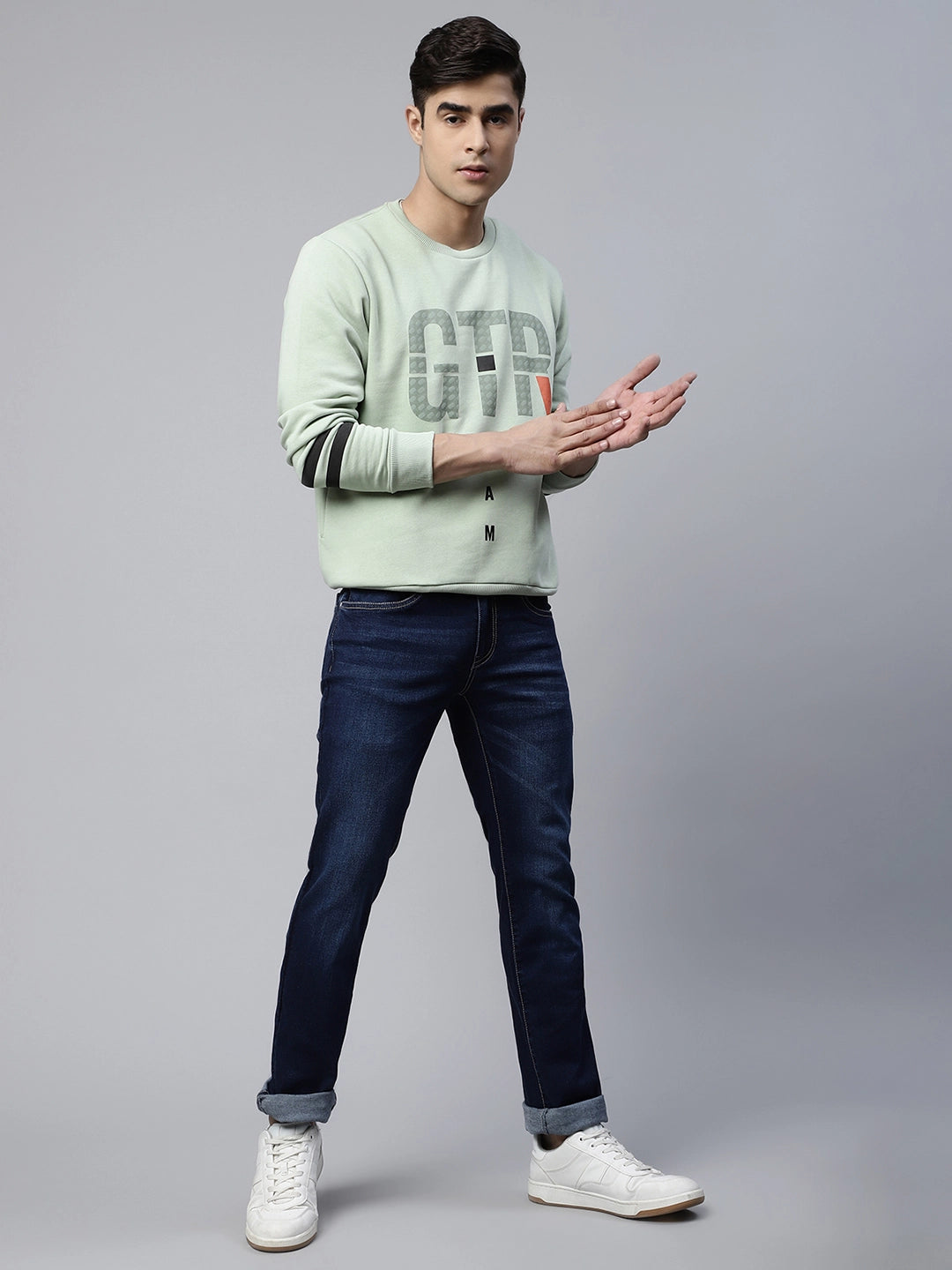 Mens Dark Blue Wiskering Effect Straight Leg Mid Rise Jeans
