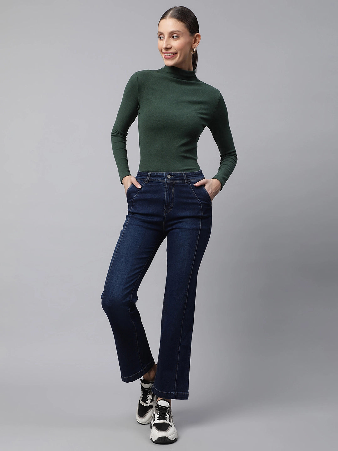 Women Blue Centre Seam Detail Straight Leg Mid Rise Jeans