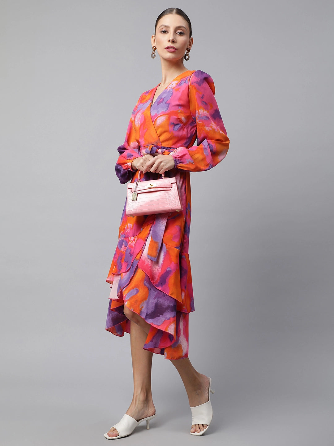 women multi ruffled floral print flared dress