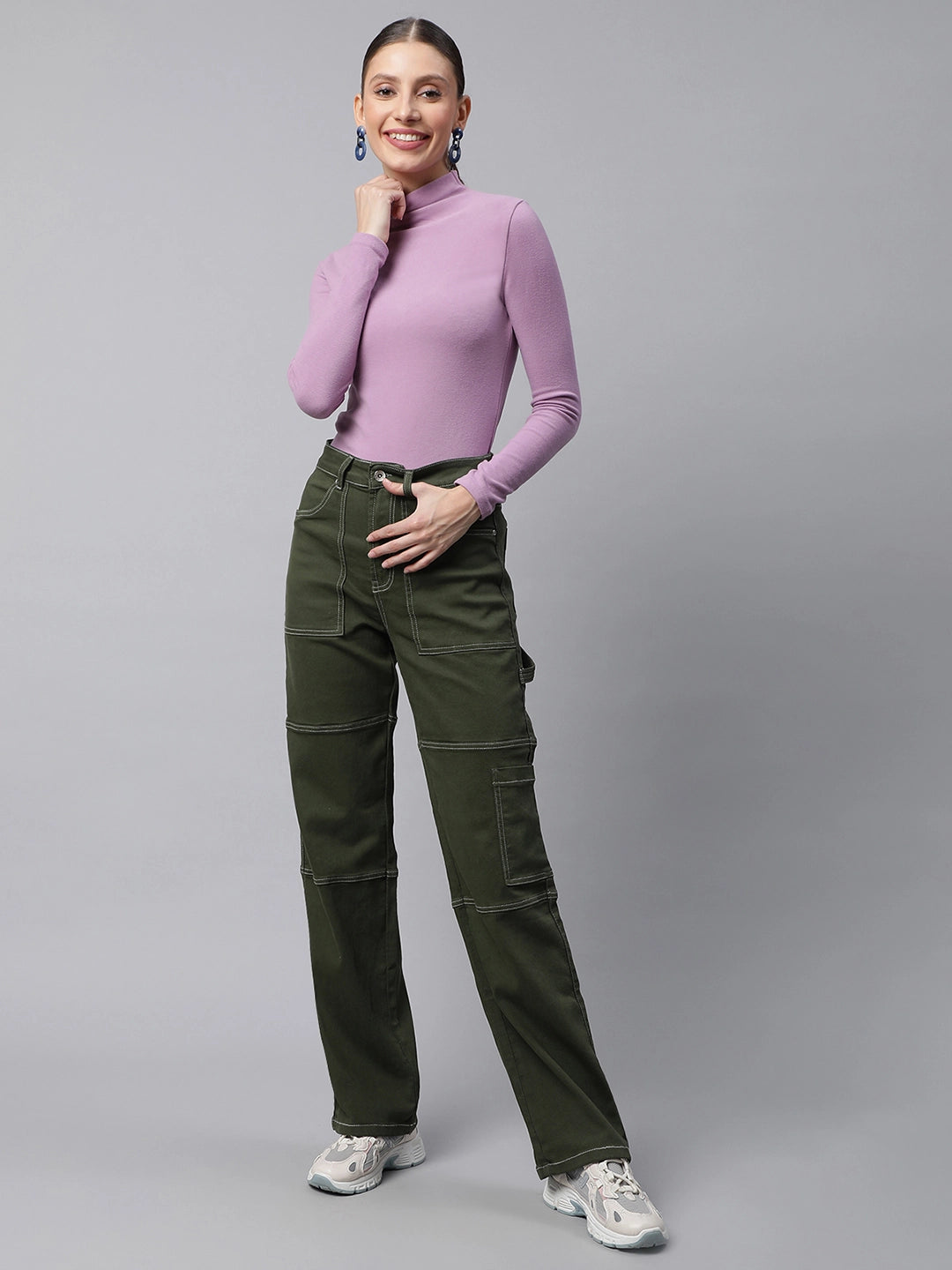 Women Olive Contrast Stitch Straight Leg Mid Rise Jeans - Global Republic