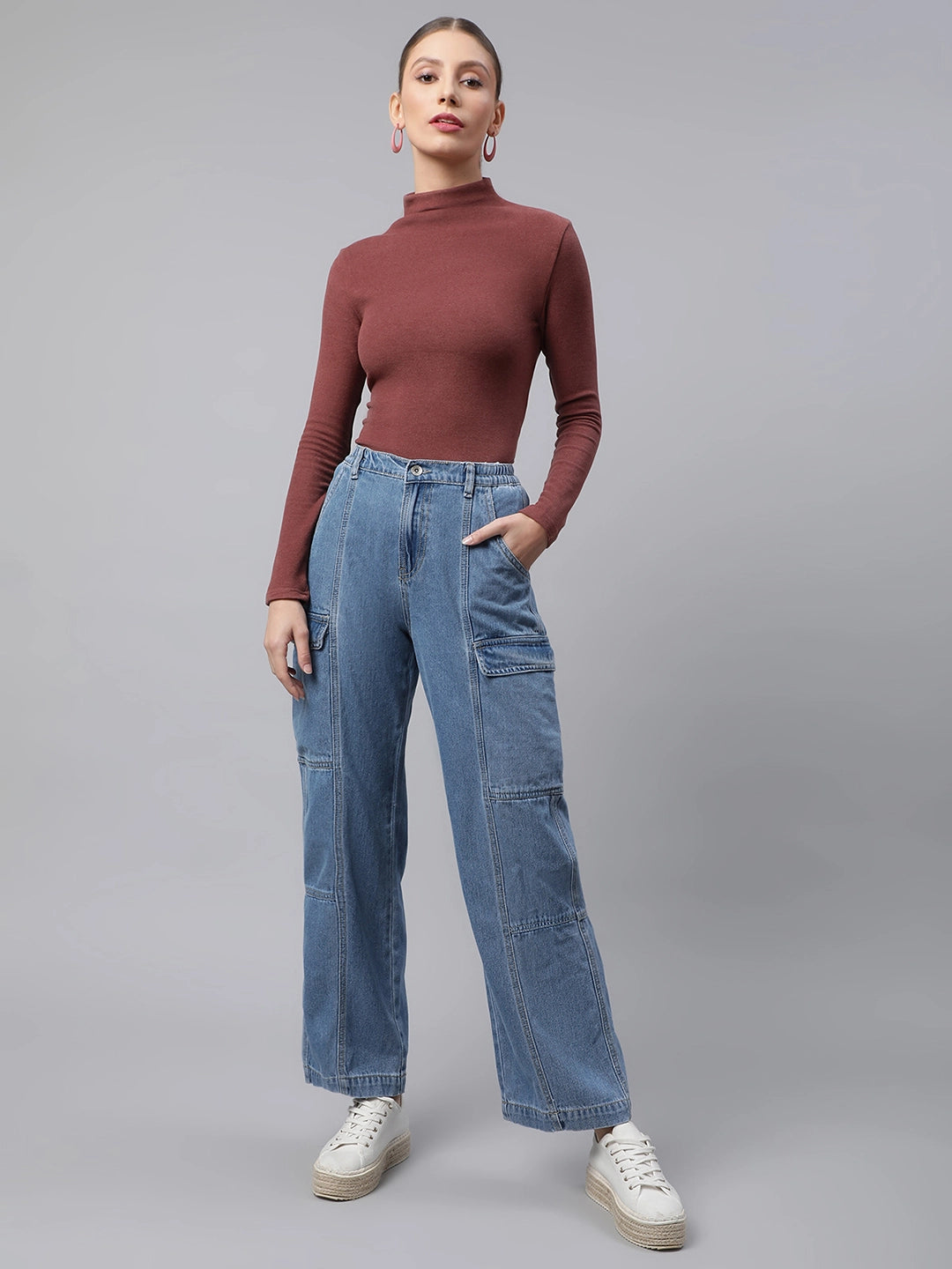 Women Light Blue Elasticated Waist Wide Leg High Rise Jeans