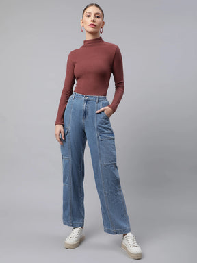 Women Light Blue Elasticated Waist Wide Leg High Rise Jeans