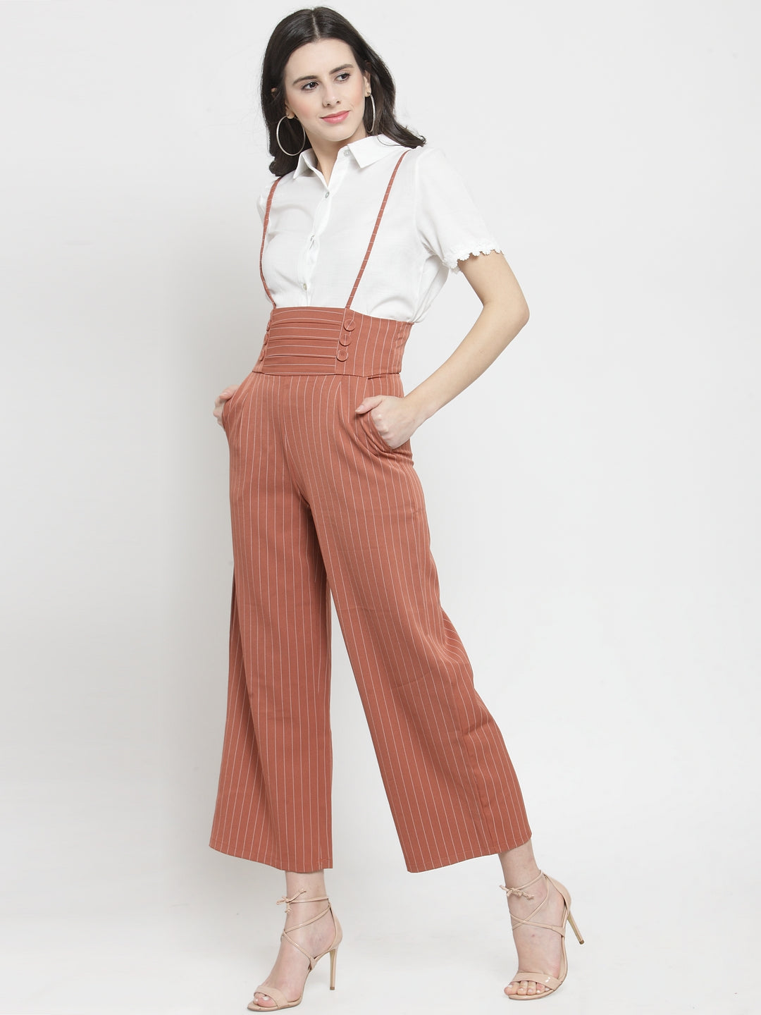 Women Camel Brown Striped  Straight Fit Dungarees
