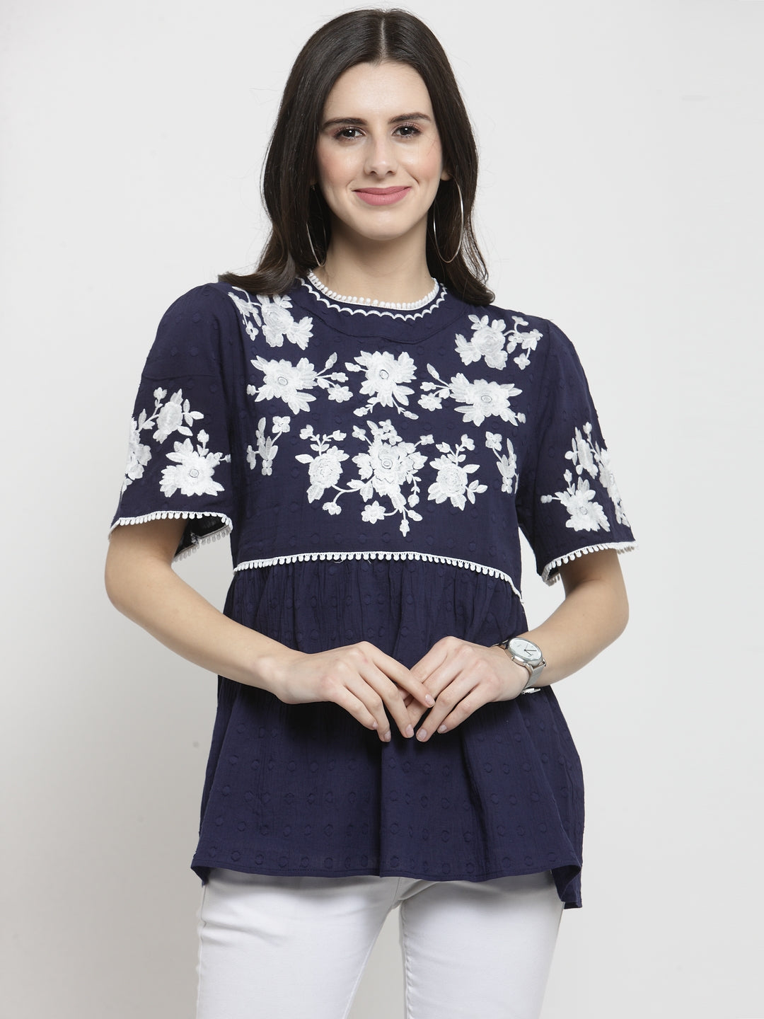 Women Printed Navy Blue Round Neck Top With Floral Embroidery