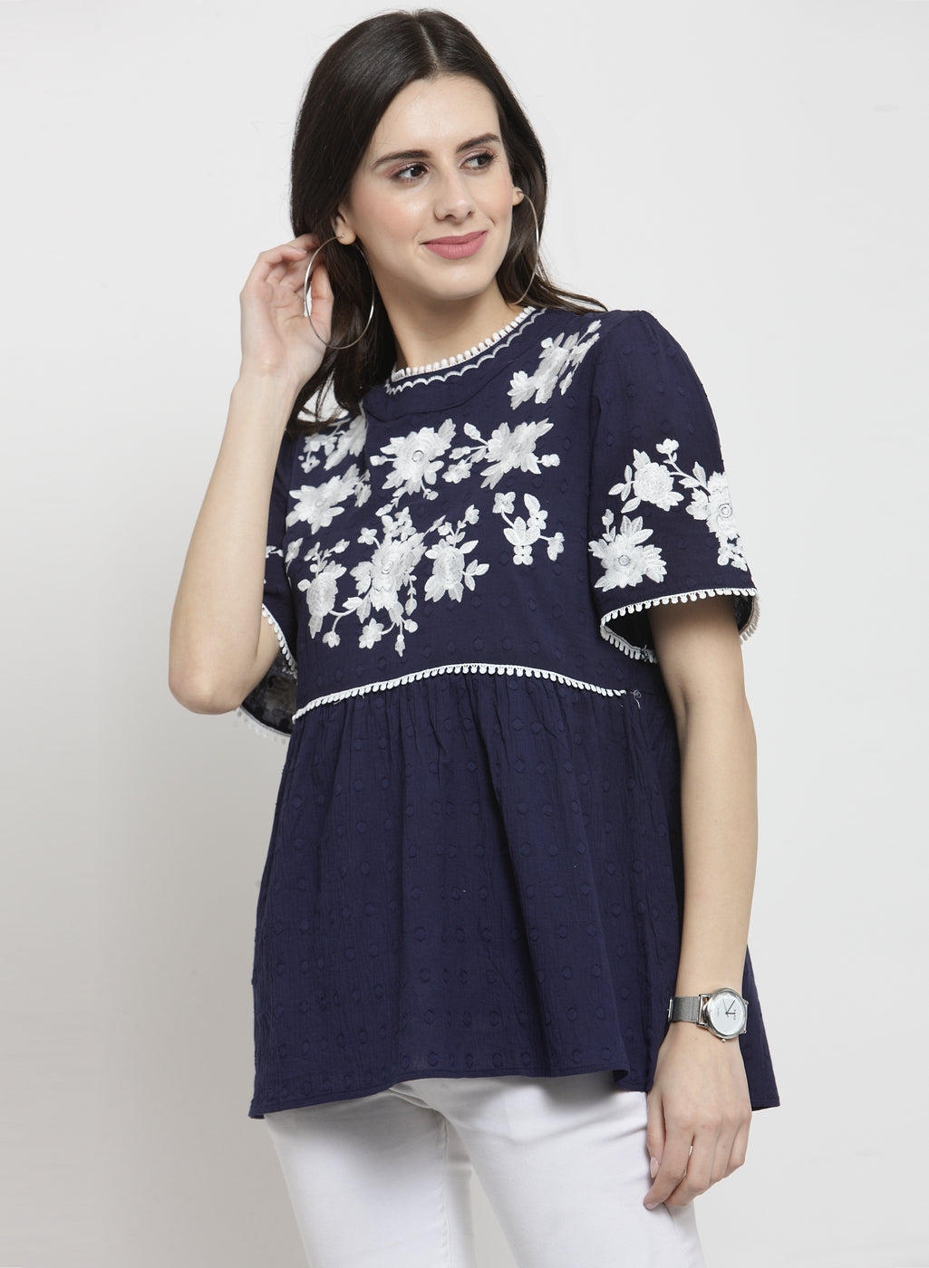 Women Printed Navy Blue Round Neck Top With Floral Embroidery