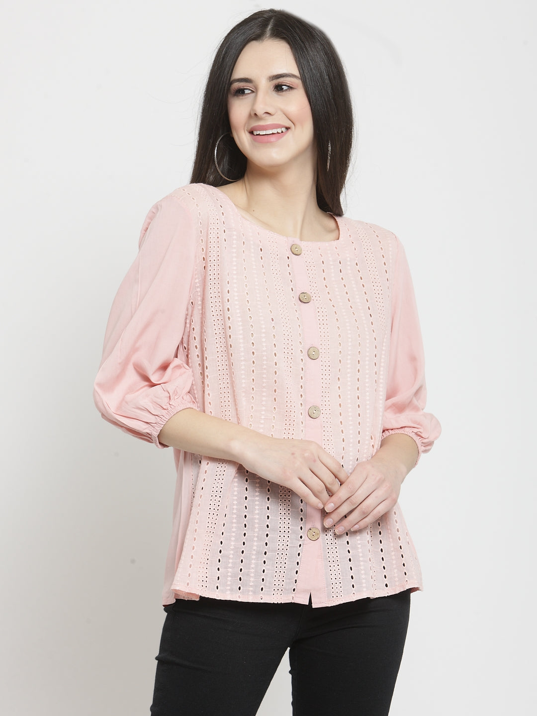 Women Pink Solid Square Neck Tops With Eyelet Embroidery