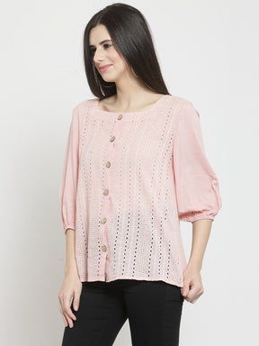 Women Pink Solid Square Neck Tops With Eyelet Embroidery