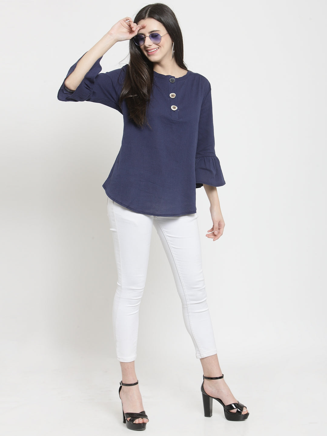 Women Navy-Blue Viscose Rayon Solid Top