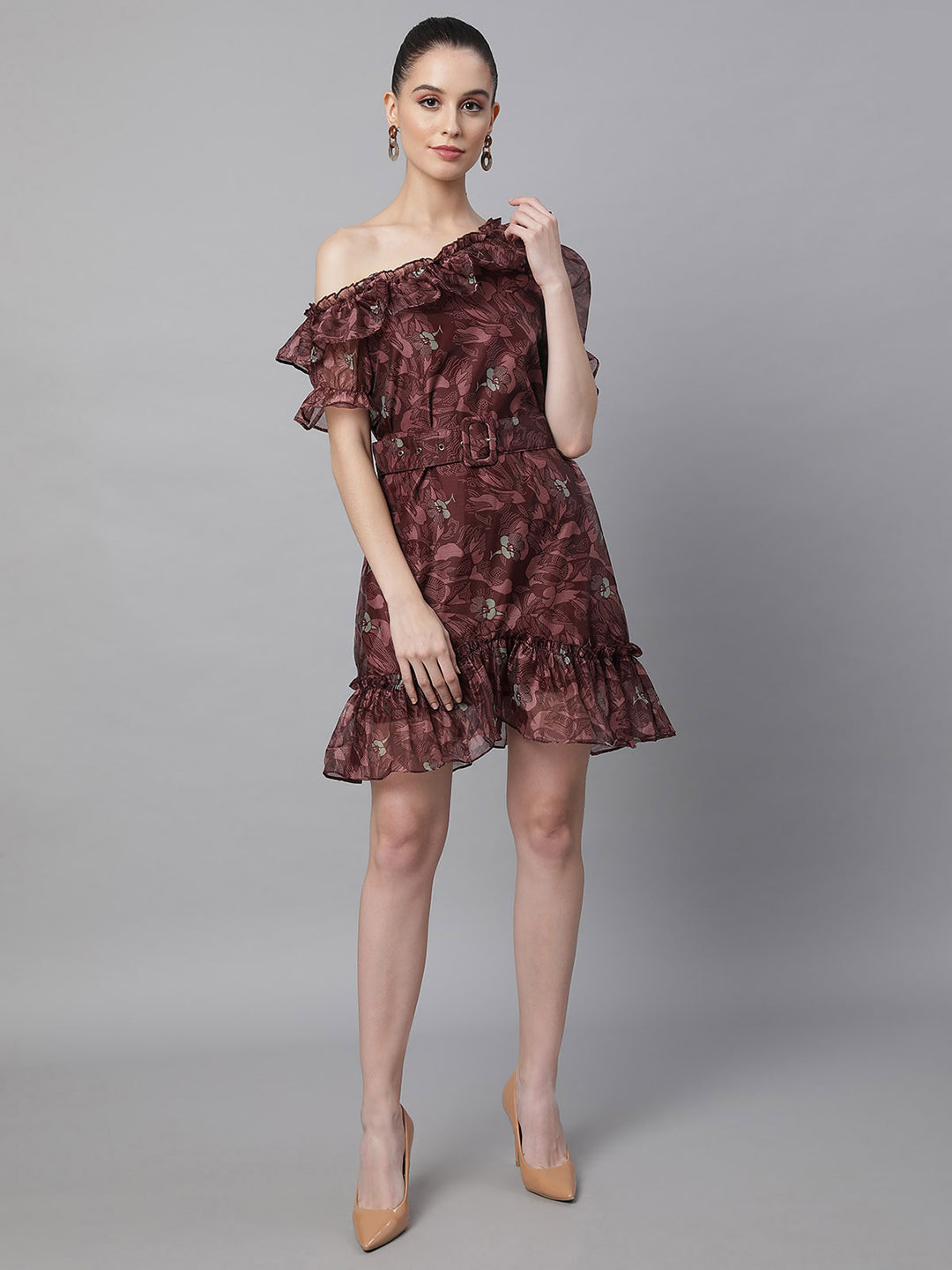 women wine polyester printed dress