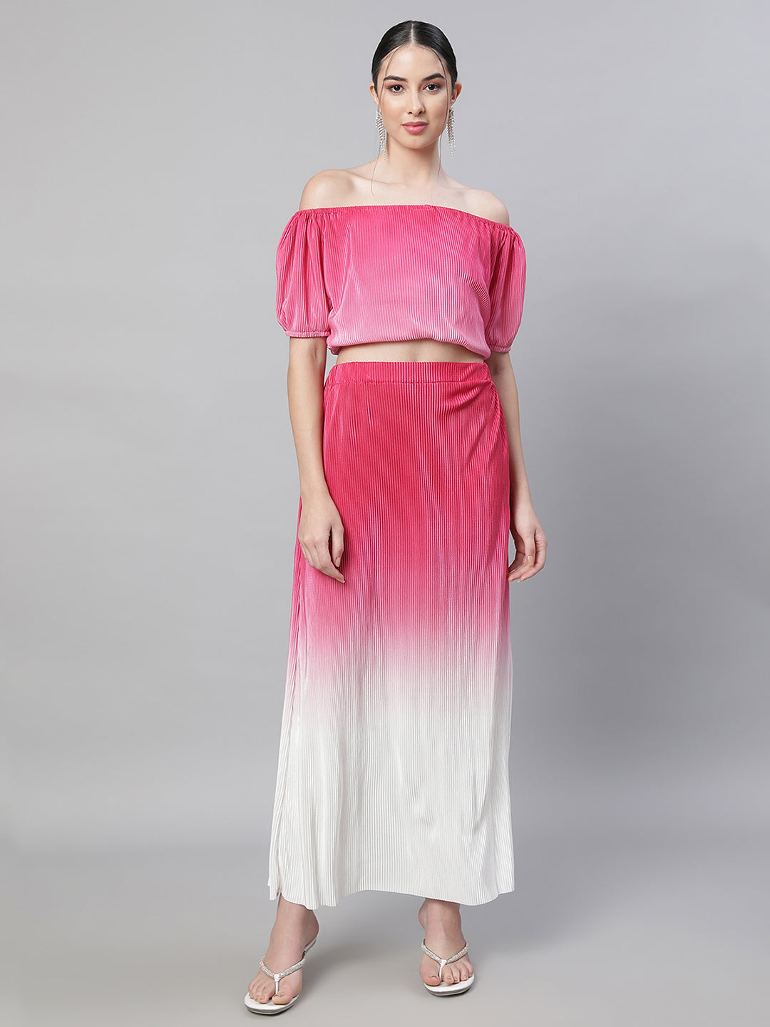 Women Hot Pink & White Striped Cropped Sets