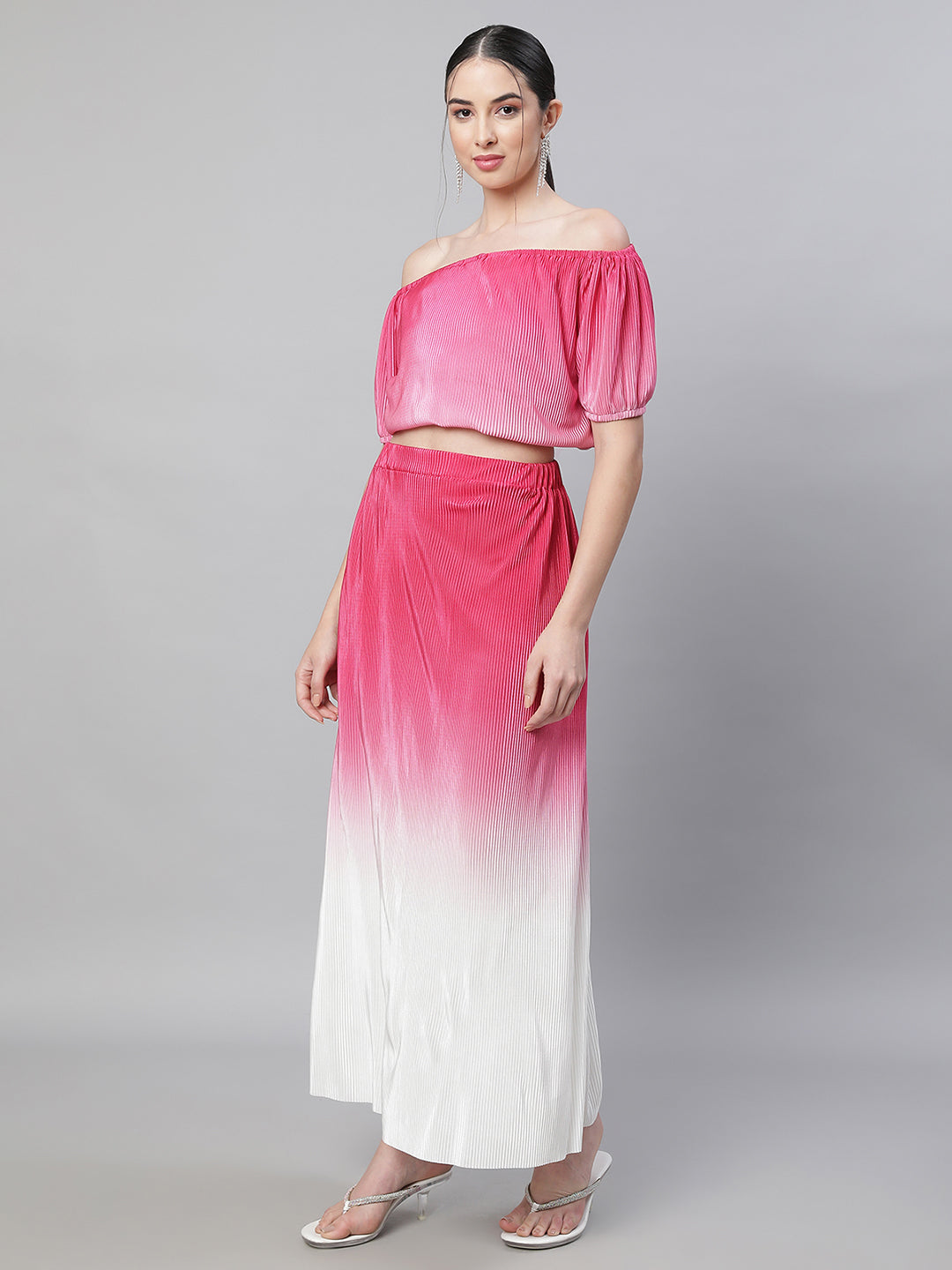 Women Hot Pink & White Striped Cropped Sets