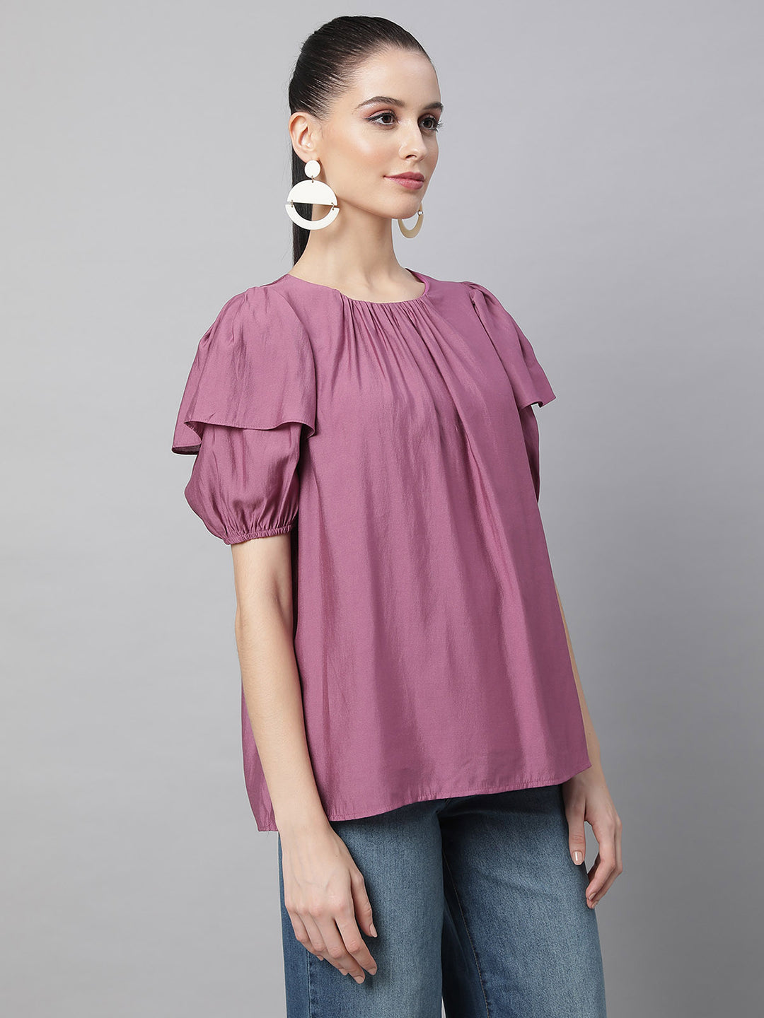 Flared Half Sleeves Rayon Blouson Top - Global Republic