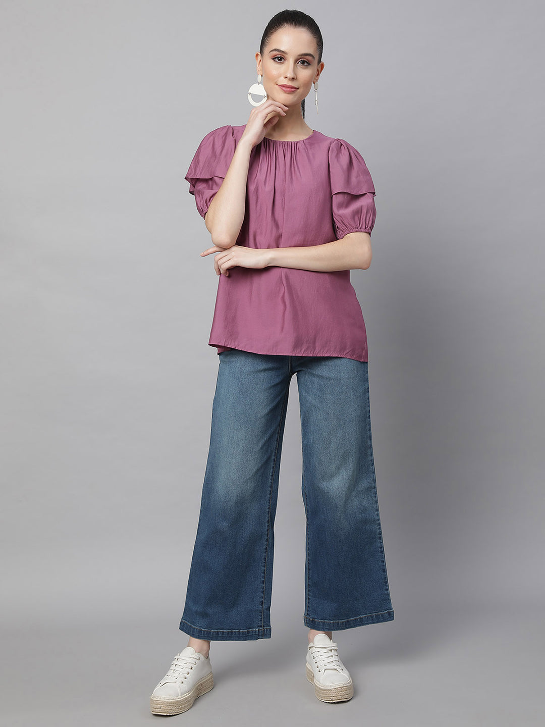 Flared Half Sleeves Rayon Blouson Top - Global Republic