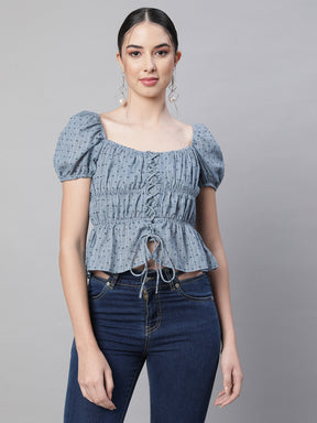 women blue square neck embroidered blouse