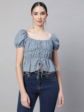 women blue square neck embroidered blouse
