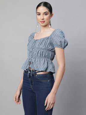 women blue square neck embroidered blouse