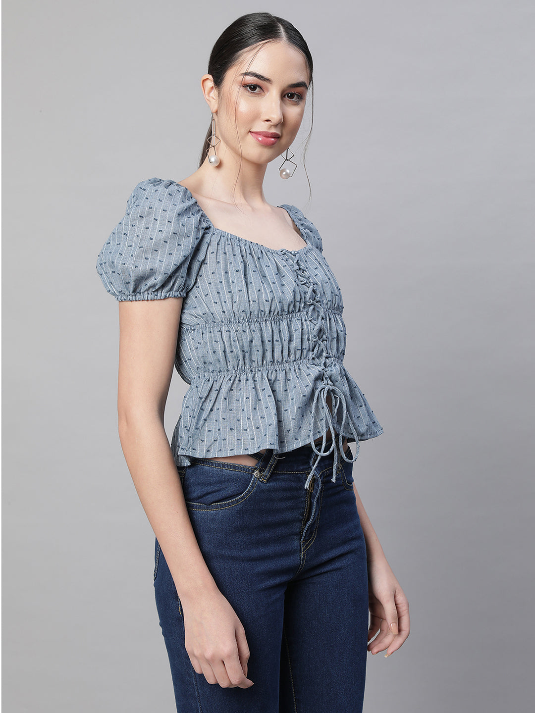 women blue square neck embroidered blouse