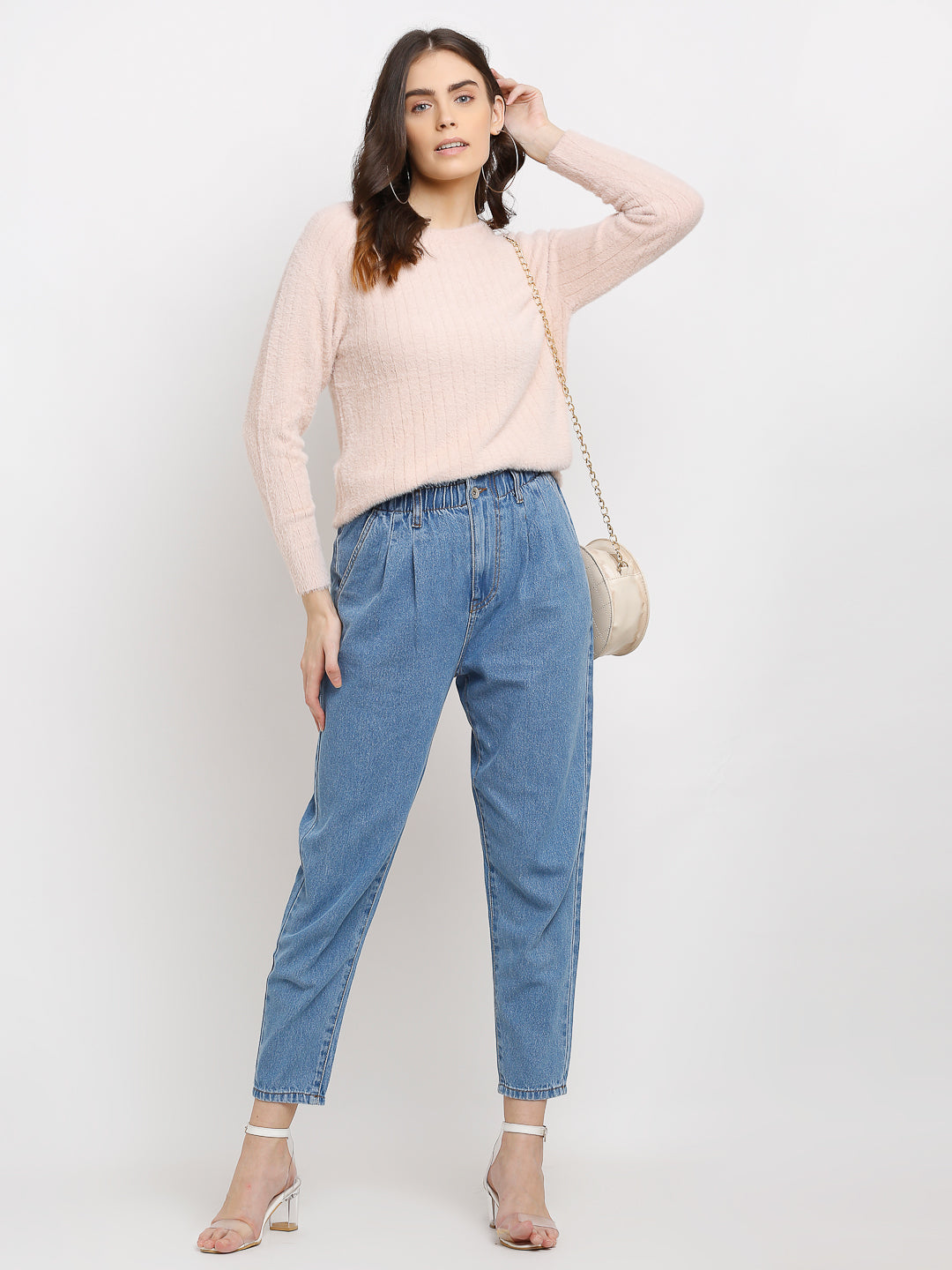 Pink Knitted Solid Pullover