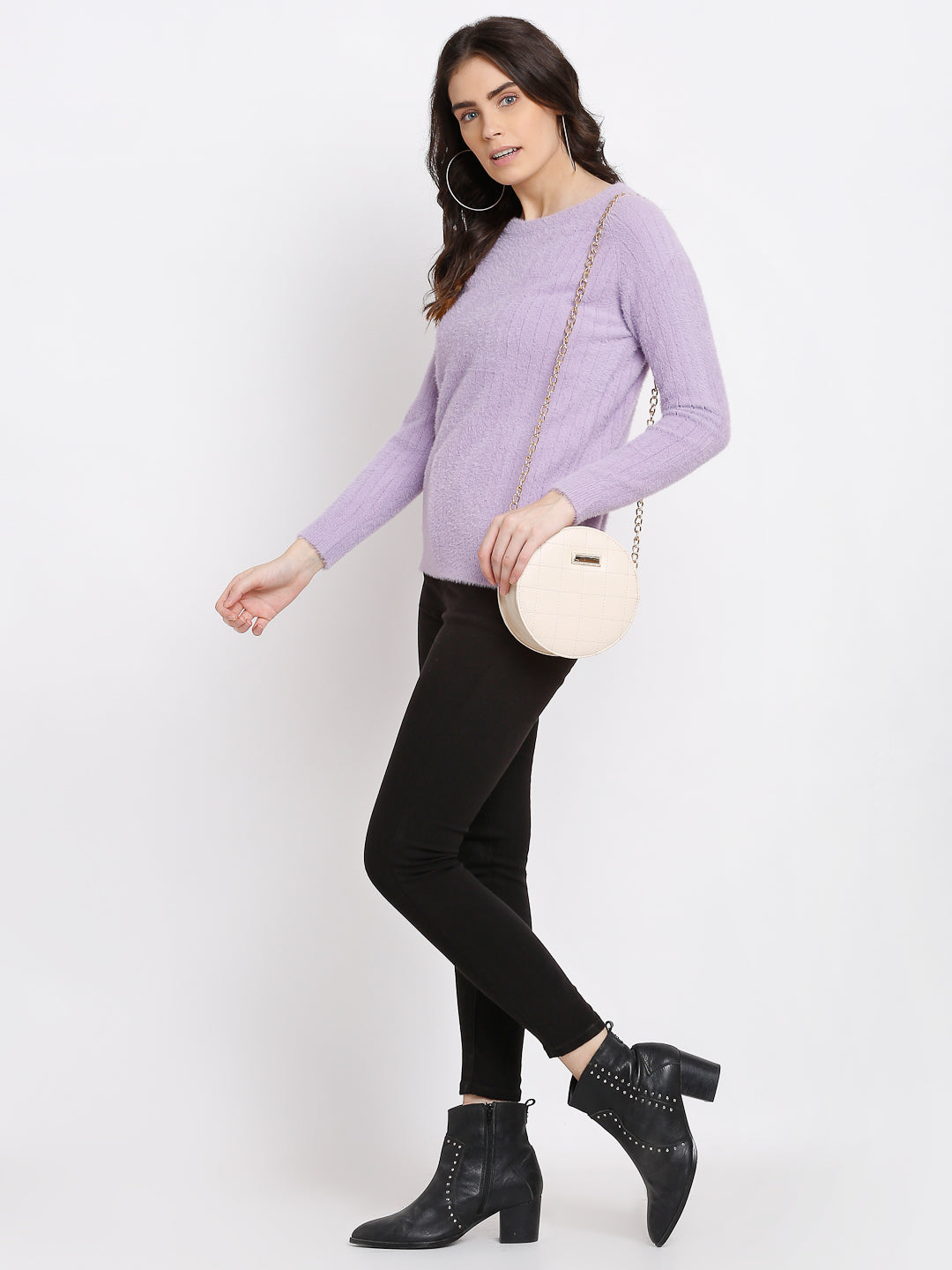 Women Lilac Knitted Solid Round Neck Pullover