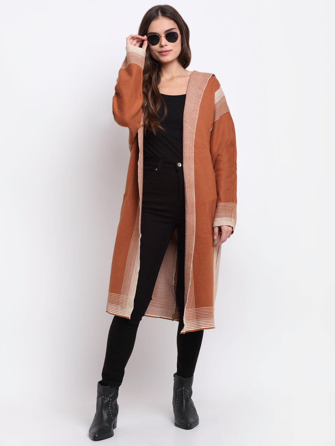 Women Brown Hooded Knitted Loose Fit Shrug