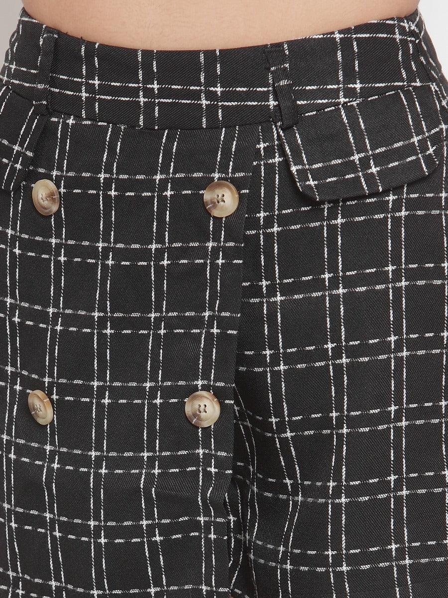 Women Checked Black Double Breasted Mini Skirt